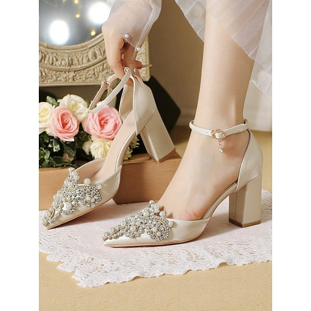 Pearl and Wedding Embellished Women's Heel Block Rhinestone