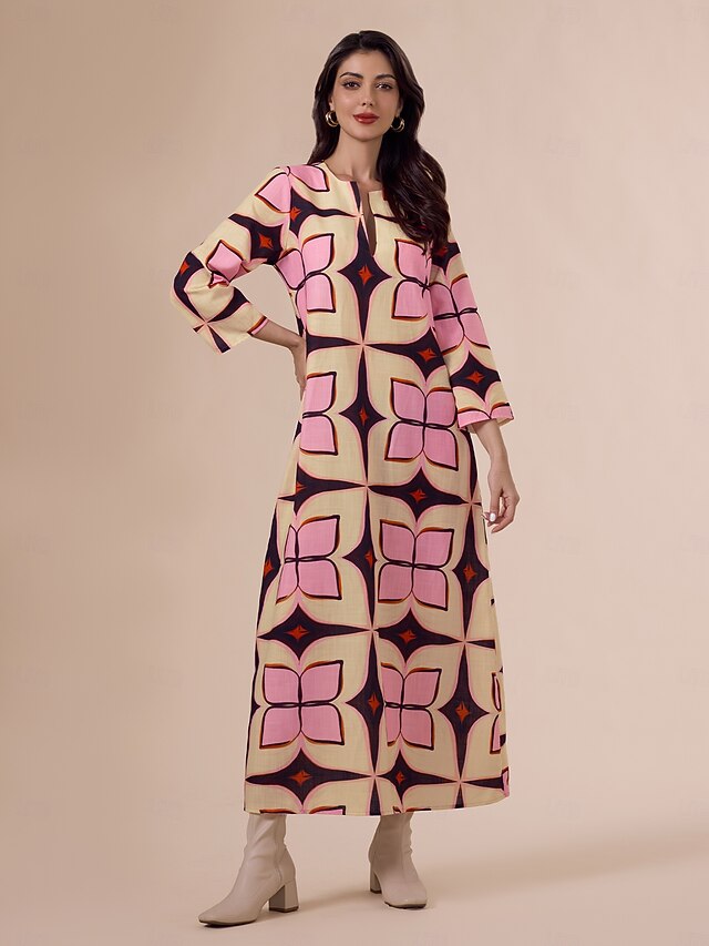 Geometric Print Notched Collar Maxi Dress