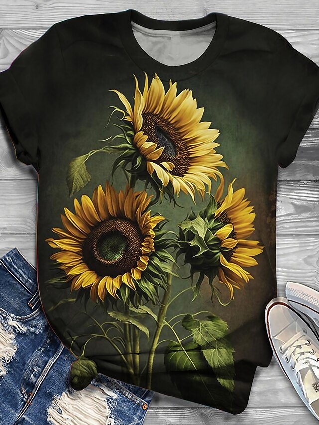 Women's T Shirt Fashion Sunflower Print Short Sleeve