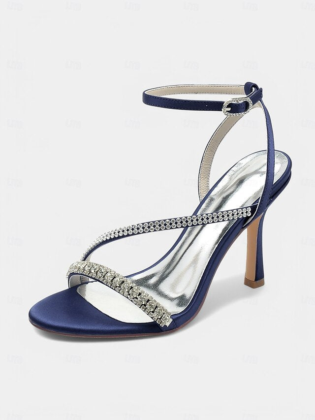 Champagne Rhinestone Satin Heels Sophisticated Strappy –