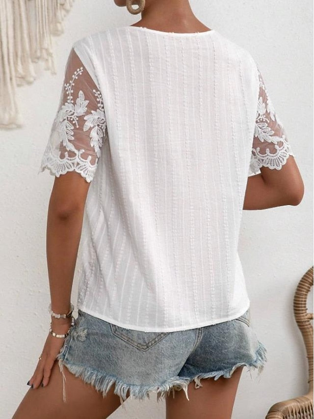 Women's White Elegant Lace Tops Eyelet Blouse Dressy Tops