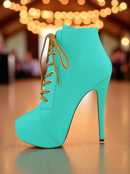 Boots Beige Platform Women's - Lace-Up Ankle Leather Faux