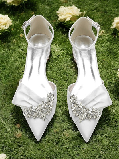 White Satin Rhinestone with and Ankle Pointed-Toe Bow Heels