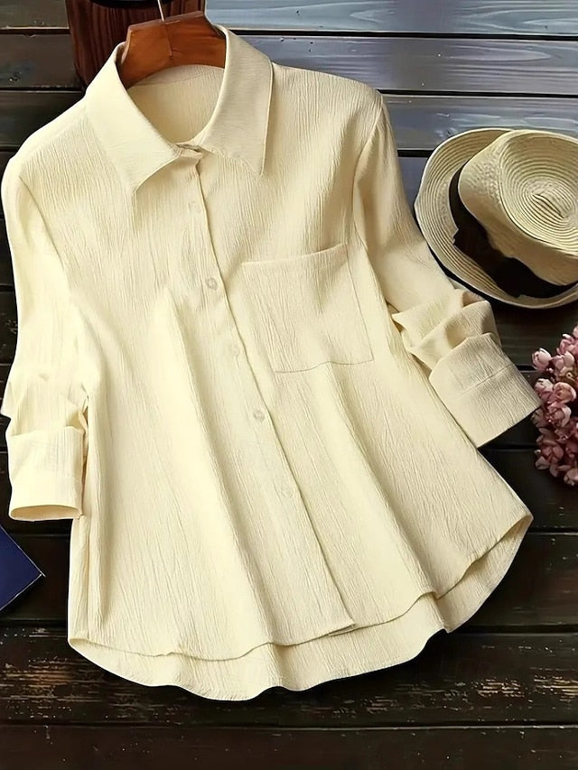 Women's Shirt Blouse Pocket Buttons Asymmetric Hem Plain