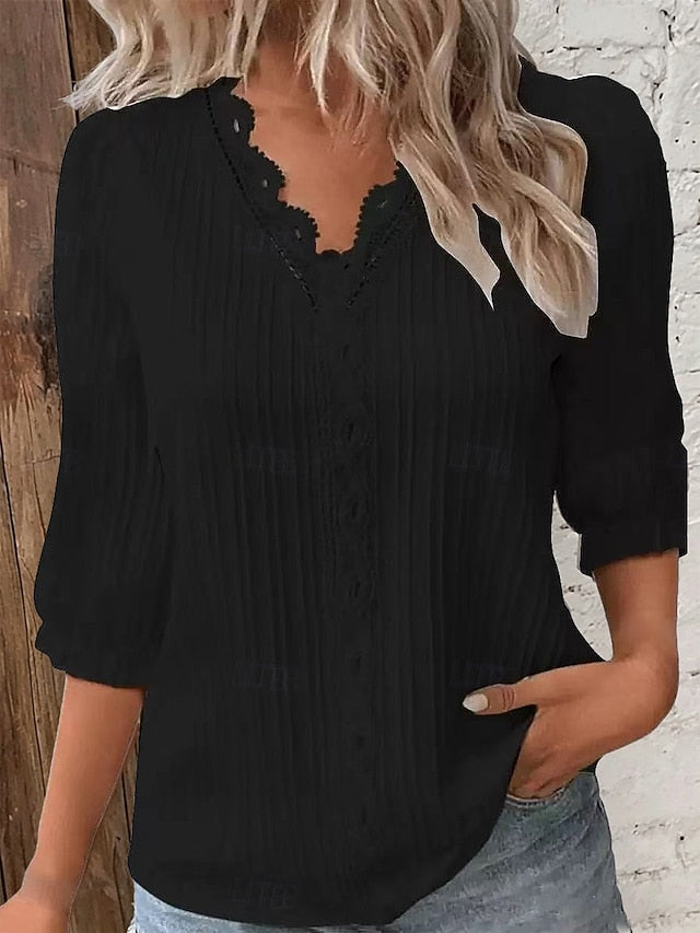 Women's Shirt Blouse Lace Tops Eyelet Plain Stylish Classic