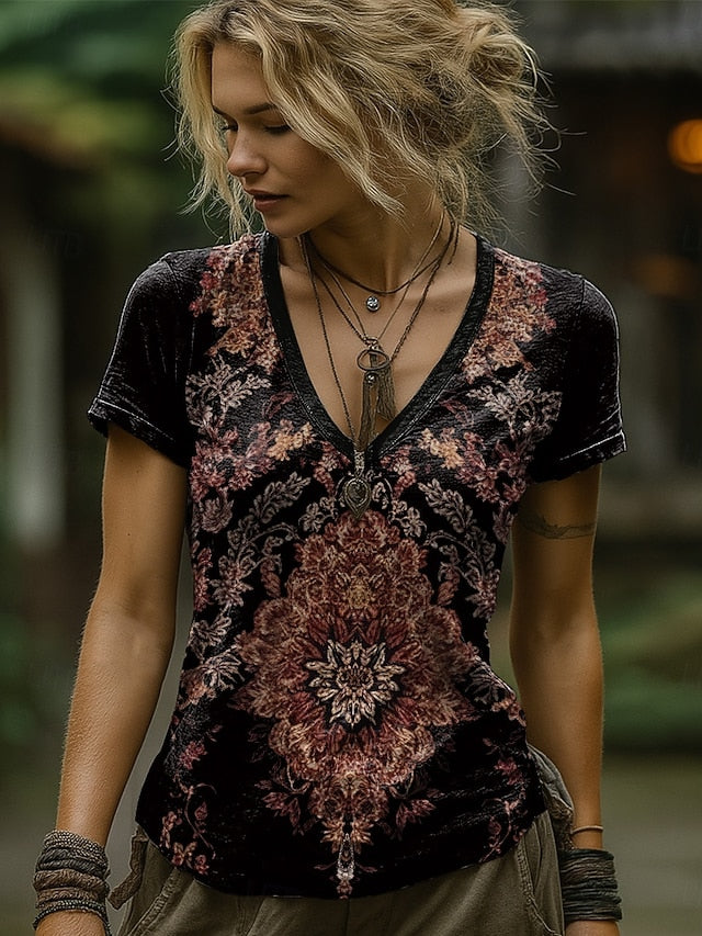 Women's T Shirt Print Graphic Paisley Plants Bohemia