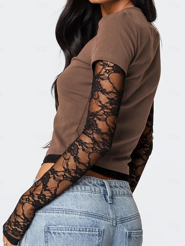 Women's T Shirt Lace Splicing Top Y2K Tunic Mesh Fake two
