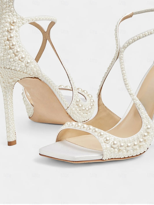 Stiletto Sandals Pearl-Embellished White Open-Toe with Ankle