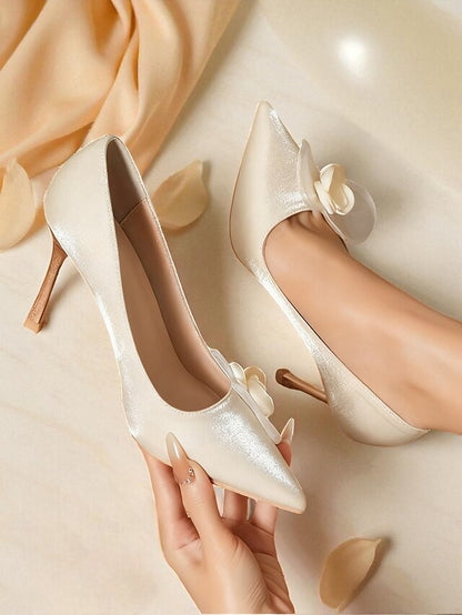 - Women's Elegant Heels Wedding Pointed Satin Ivory Floral