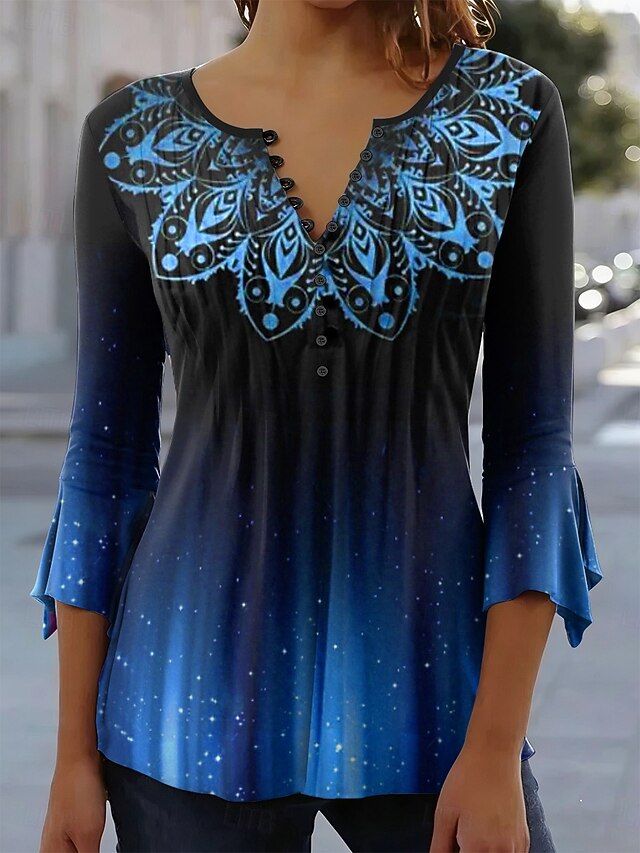 Women's Blouse Ruffle Buttons Graphic Abstract Elegant 3/4