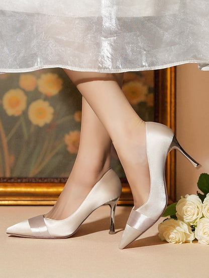Champagne Women's Pumps Heel - Satin Toe Pointed High