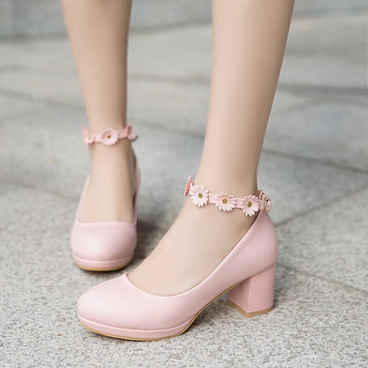 with Ankle Shoes Block White Daisy Flower Heel Girls'