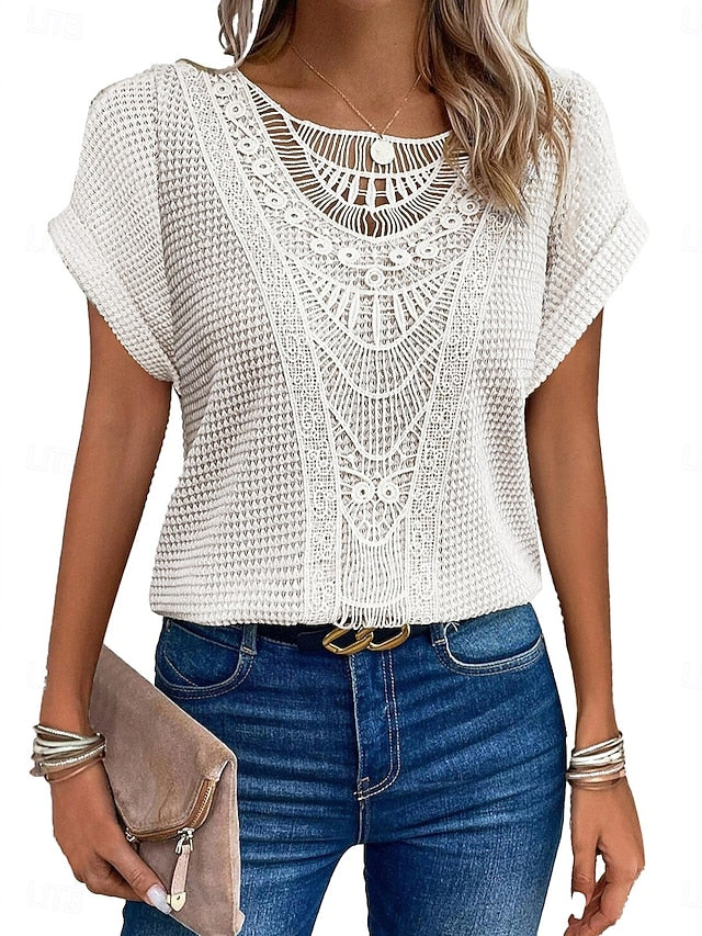 Women's T Shirt Hollow Out Solid Color Elegant Stylish