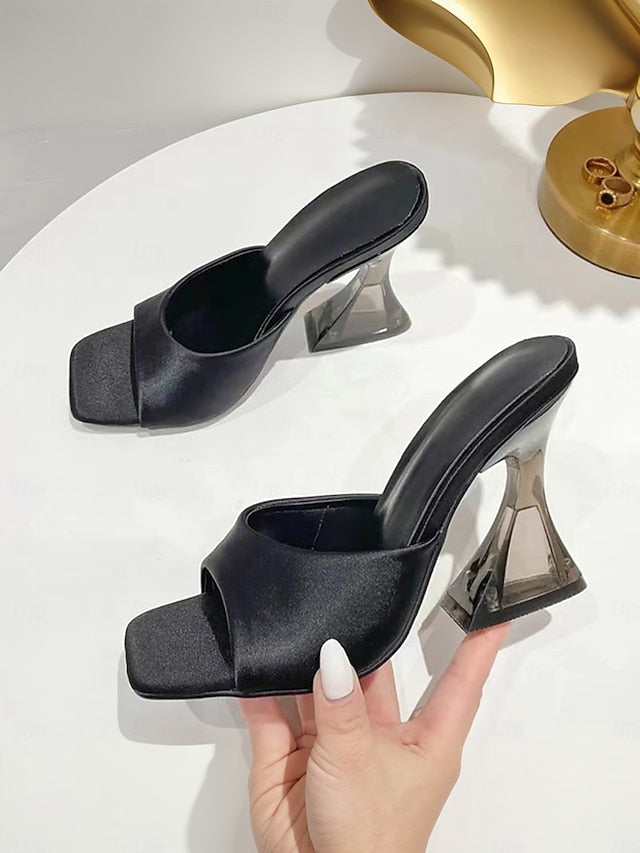 Transparent Satin Open-Toe Green Mules Block for with Heels