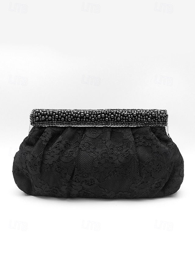 Bag Women's Clutch Beaded Black Evening with Elegant Lace