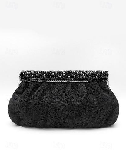 Bag Women's Clutch Beaded Black Evening with Elegant Lace