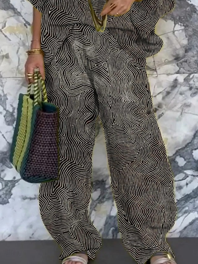 Women's Pants Sets 3/4 Length Sleeve V Neck Striped Print