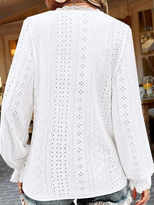 Women's White Elegant Lace Tops Eyelet Blouse Stylish Solid