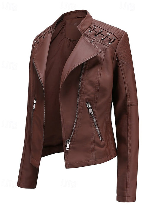 Pocket Leather Jacket Comfortable Faux Zipper Women's