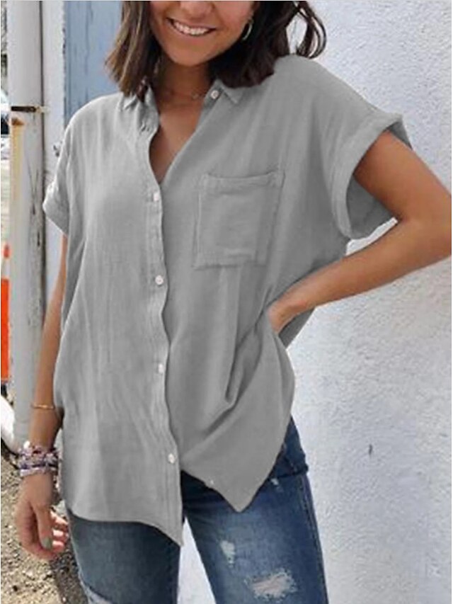 Women's Linen Blend Button Up Long Cotton Top White Cotton
