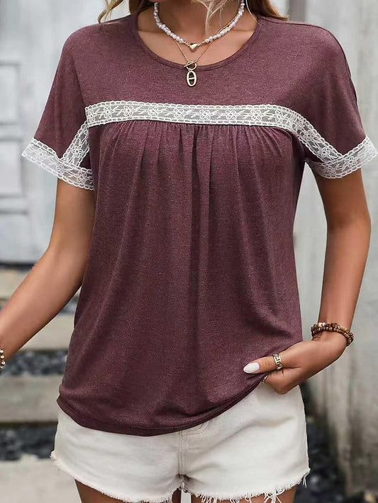 Women's T Shirt Lace Splicing Top Pleats Lace Trim Splicing