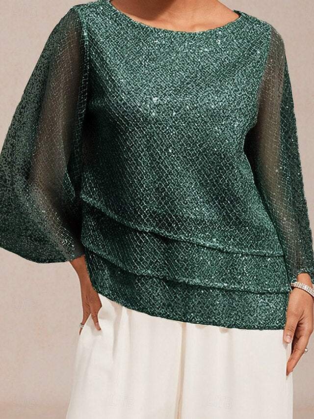Women's Lace Tops Sequins Illusion Solid Color Elegant