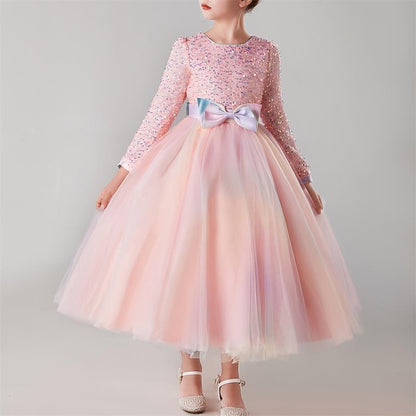 Solid Flower Girls' Color Dress Girl Long Kids Party