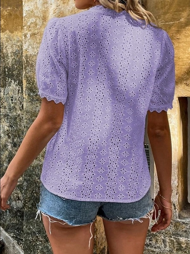 Women's Lace Splicing Top Blouse Lace Buttons Solid Color