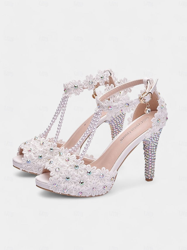Bridal Lace Floral - Sandals Pearl-Decorated T-Strap White