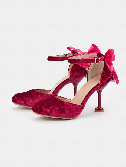 Heels and Mary Women's with Big Bow Jane Burgundy Velvet
