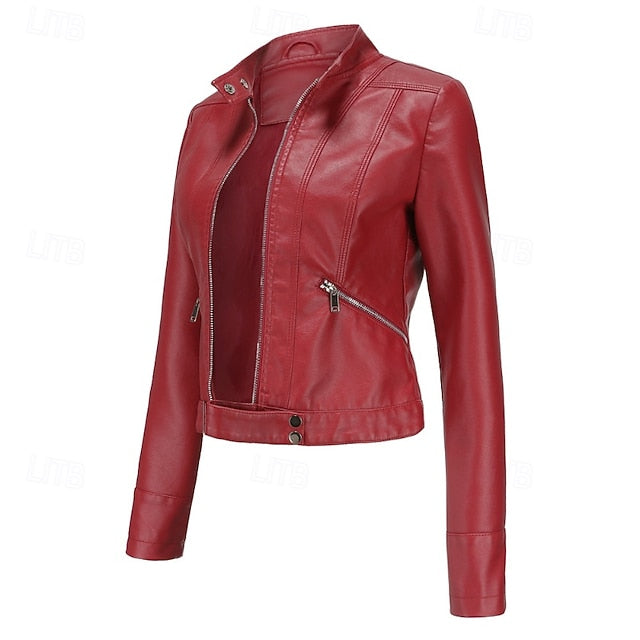 Faux Zipper Jacket Pocket Leather Women's Comfortable