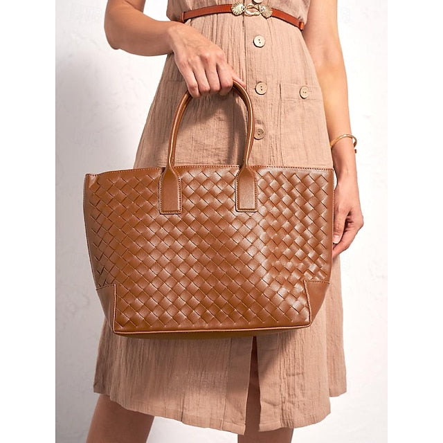 Woven Leather and – Brown Tote Women's Stylish Bag