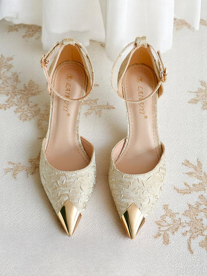 Satin and Accents Women's Beige Heels Toe Gold with Pointed