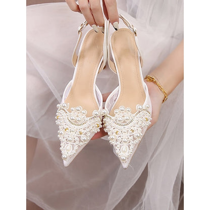 Slingback Pearl-Embellished Pointed-Toe White Kitten with Heel