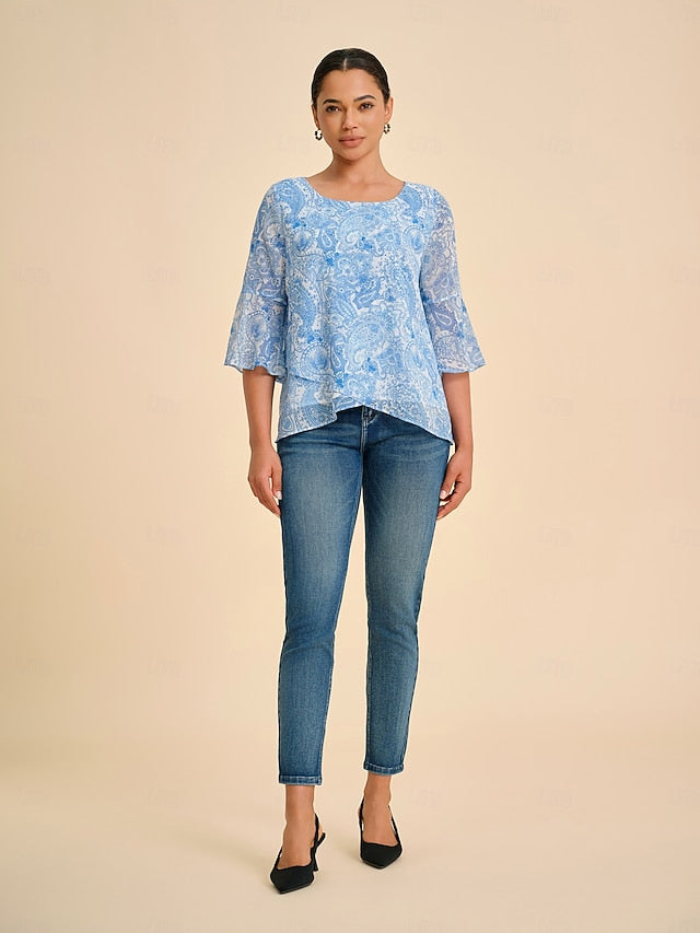 Women's Female Paisley Casual Sky Blue 3/4 Sleeve Elegant