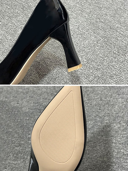 Green Leather Glossy Pumps Patent Heel Faux Block Pointed-Toe