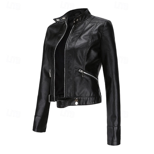 Faux Zipper Jacket Pocket Leather Women's Comfortable