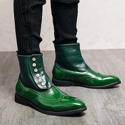 Wingtip Green Button Stylish Boots - Leather Vintage Men's