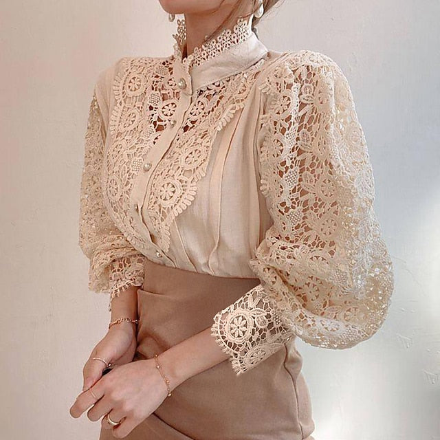 Women's Lace Shirt Blouse Eyelet top White Lace Shirt