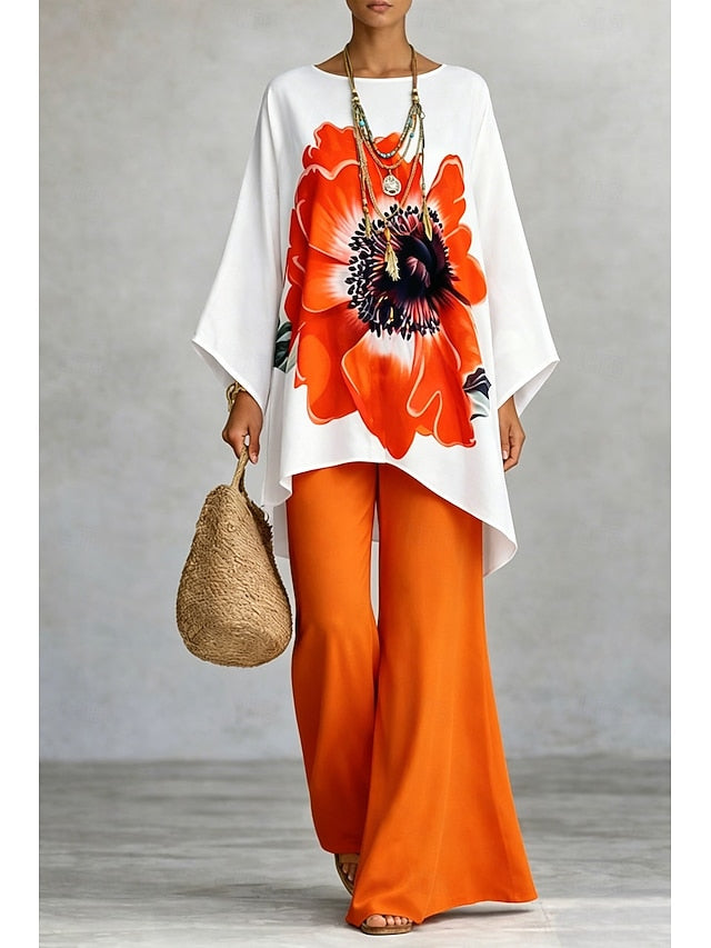 Women's Pants Sets Long Sleeve Round Neck Floral Graphic