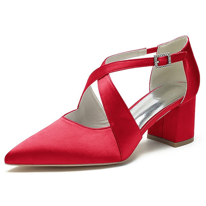 Satin Elegant Toe – White Women's Heels Block Pointed