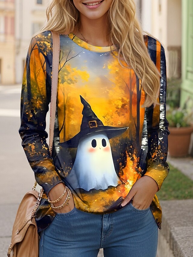 Women's T shirt Ghost Long Sleeve Crew Neck Long Sleeve