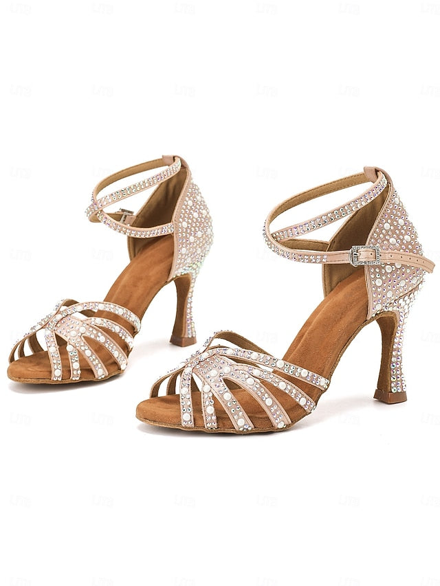 Sandals with Tan Latin Rhinestone-Embellished High Dance Heel