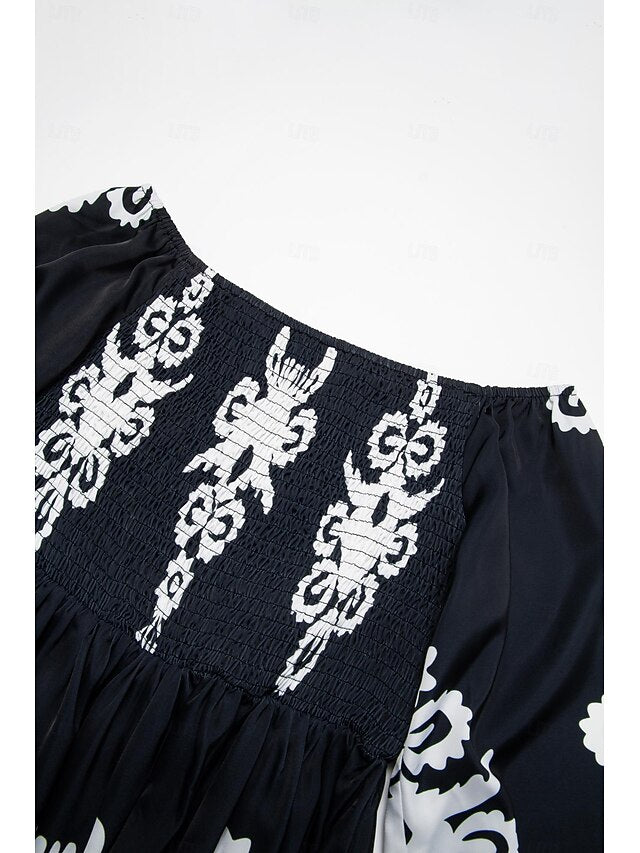 Geometric Print Off Shoulder Midi Satin Dress