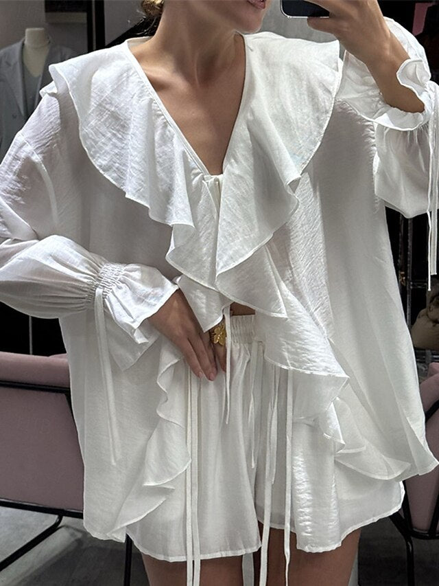 Women's Shirt Blouse Ruched Lace up Ruffle Solid Color