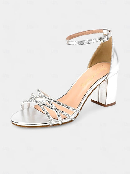 Rhinestone Silver Metallic Block Heel Sandals with Strappy