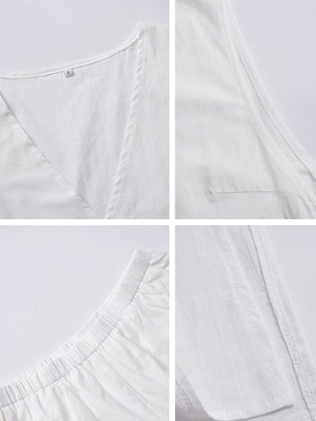 Women's Cotton Linen Sets Shorts Sets Sleeveless V Neck