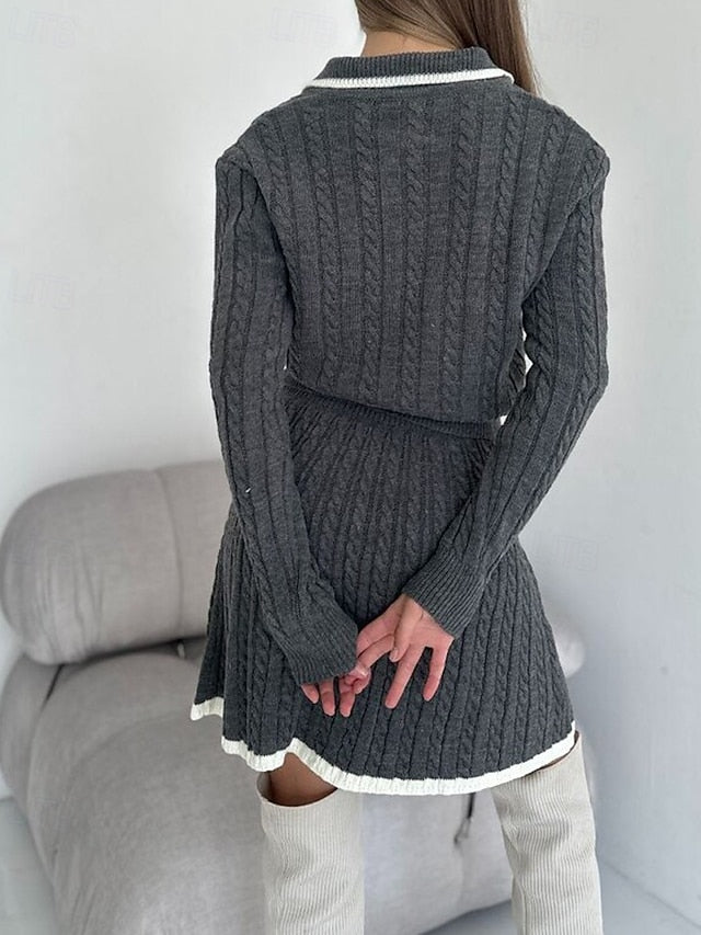 Women's Blouse Sweater Skirt Sets Long Sleeve Shirt Collar