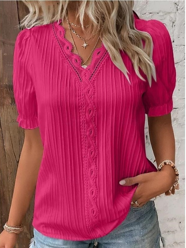 Women's Blouse Lace Tops Lace Patchwork Solid Color Stylish