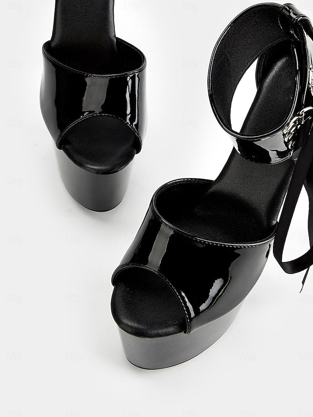 Straps Black Patent Leather Lace-Up Sandals Ankle Platform with